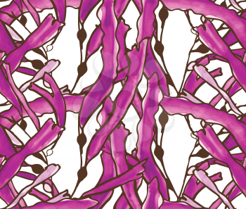 Kelp seaweed purple watercolor on white.Hand drawn with ink and colored with marker brush seamless background.Creative hand made brushed design.