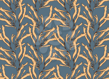 Kelp seaweed yellow on blue.Hand drawn with ink seamless background.Modern hipster style design.