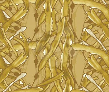 Kelp seaweed yellow watercolor.Hand drawn with ink and colored with marker brush seamless background.Creative hand made brushed design.