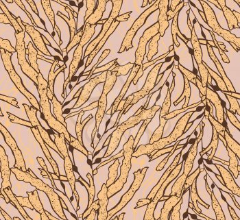 Kelp seaweed yellow with brown texture.Hand drawn with ink seamless background.Modern hipster style design.