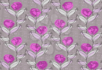 Light purple flowers on vine.Hand drawn with ink and colored with marker brush seamless background.Creative hand made brushed design.