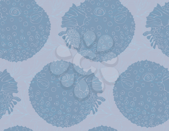 Blowfish blue on kelp.Seamless pattern. Sea life. Undewater fabric design.