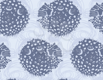 Blowfish blue on scribbled bubbles.Seamless pattern. Sea life. Undewater fabric design.