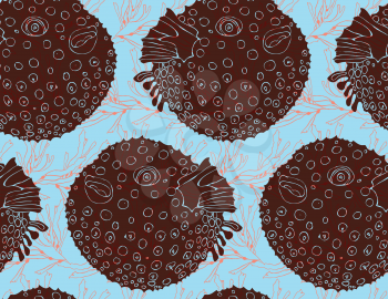 Blowfish brown on kelp.Seamless pattern. Sea life. Undewater fabric design.