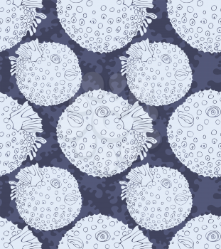 Blowfish on dark blue spots.Seamless pattern. Sea life. Undewater fabric design.