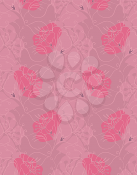 Fabric design flower pink shades.Hand drawn with ink seamless background.Floral textile pattern.