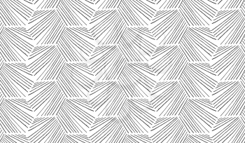 Hatched diagonally hexagonal shapes.Black and white simple hatched geometrical pattern.Hand drawn with ink seamless background.Modern hipster style design.