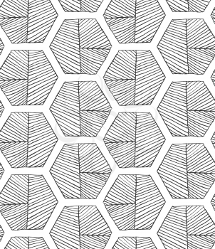 Hatched hexagons with seam.Black and white simple hatched geometrical pattern.Hand drawn with ink seamless background.Modern hipster style design.