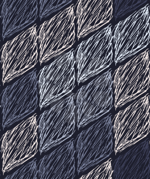Inked strokes in diamond shape on blue.Seamless pattern. Fabric design. Simple hand drawn hatched design.