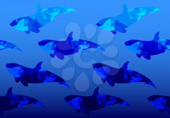 Low poly fish.Horizontal seamless pattern. Triangular underwater design. Bright blue pattern.Gradient pattern. The pattern is tiling only in horizontally.
