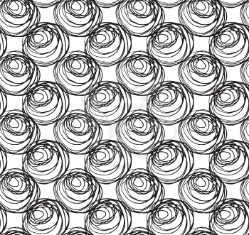 Monochrome scribbles big circles on white.Scribbled in rough ink monochrome geometrical pattern.Hand drawn with ink seamless background.Modern hipster style design.
