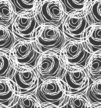 Monochrome scribbles big circles overlapping on black.Scribbled in rough ink monochrome geometrical pattern.Hand drawn with ink seamless background.Modern hipster style design.