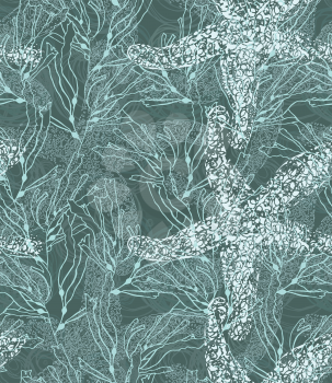 Sea star with bubbles with kelp on green.Hand drawn seamless pattern. Nature textile design. Ocean fabric collection.