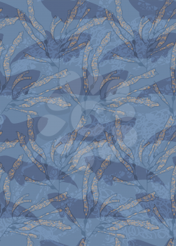 Underwater blue fish overlapping kelp.Seamless pattern.Ocean life fabric design.  