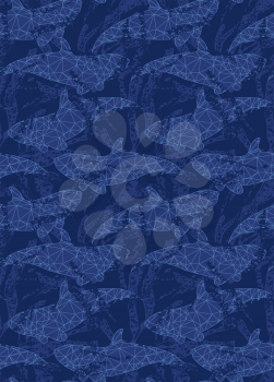 Underwater fish triangular blue.Seamless pattern.Ocean life fabric design.  
