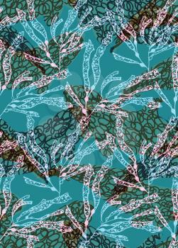 Underwater scribble green fish overlapping kelp.Seamless pattern.Ocean life fabric design.  