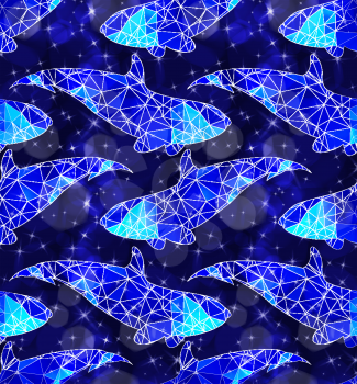 Bokeh and low poly fishes.Seamless pattern.Pattern with bokeh light effect.Colorful background.  