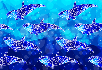 Bokeh and low poly fishes in ocean.Seamless pattern.Pattern with bokeh light effect.Colorful background.  