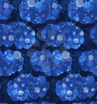 Bokeh blue clouds and stars dark night.Seamless pattern.Pattern with bokeh light effect.Colorful background.  