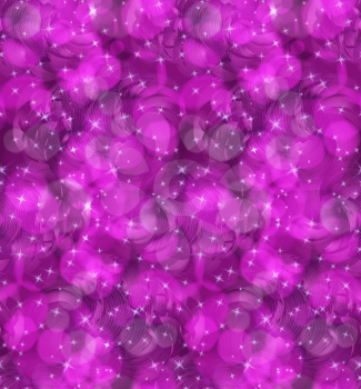 Bokeh purple swirls and stars.Seamless pattern.Pattern with bokeh light effect.Colorful background.  