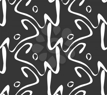Abstract curvy shapes with circle on black.Black and white geometrical repainting pattern. Seamless design for fashion fabric textile. Vector background with simple geometrical shapes.
