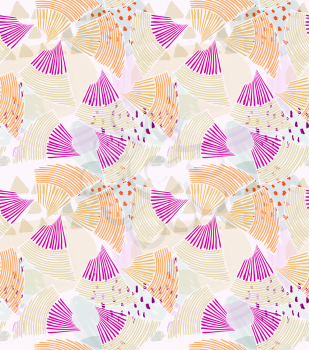 Abstract sea shell purple on light.Hand drawn with ink seamless background.Creative handmade repainting design for fabric or textile.Geometric pattern made of striped triangular shapes.Vintage retro c