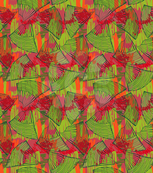 Abstract seashells green with red scribbles.Hand drawn with ink and colored with marker brush seamless background.Creative hand made brushed design.