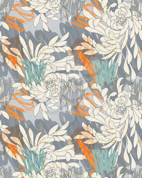 Aster flower gray on hand scribbled background.Seamless pattern.  