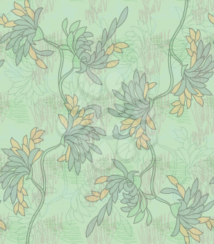 Aster flower green with scribble.Seamless pattern.  