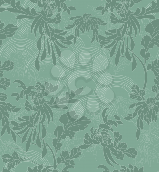 Aster flower on green arcs.Hand drawn with ink seamless background.Creative hand made brushed design.Flower pattern Japanese motives.Repainting vintage background for fashion fabric textile.