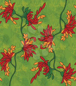 Aster flower red on green with scribble.Seamless pattern.  