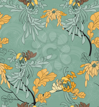 Aster flower with yellow leaves on green arcs.Hand drawn with ink seamless background.Creative hand made brushed design.Flower pattern Japanese motives.Repainting vintage background for fashion fabric