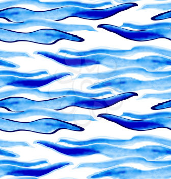 Blue watercolor waves on white with black.Hand drawn seamless background.Creative hand made brushed watercolor design.