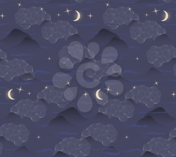 Clouds mountains moon stars.Seamless pattern.  