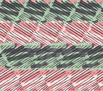 Hatched stripes with pink and green.Hand drawn with ink seamless background.