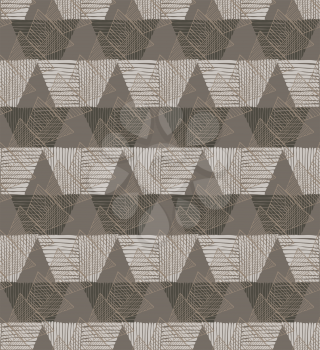Hatched trapezoids diagonal overlapping brown.Hand drawn with ink and marker brush seamless background.