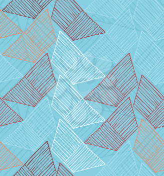 Hatched trapezoids on blue.Hand drawn with ink and marker brush seamless background.