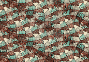 Sea shell peaces in wavy pattern brown green overlap.Hand drawn with ink seamless background.Creative handmade repainting design for fabric or textile.Geometric pattern made of striped trapezoids form