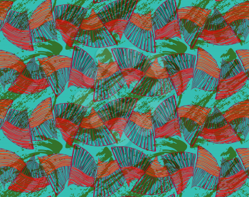 Sea shell peaces in wavy pattern green with texture.Hand drawn with ink seamless background.Creative handmade repainting design for fabric or textile.Geometric pattern made of striped trapezoids formi
