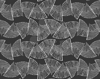 Sea shell peaces in wavy pattern white on black.Hand drawn with ink seamless background.Creative handmade repainting design for fabric or textile.Geometric pattern made of striped trapezoids forming w