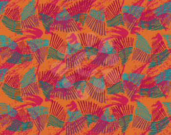 Sea shell peaces pink orange in wavy pattern with texture.Hand drawn with ink seamless background.Creative handmade repainting design for fabric or textile.Geometric pattern made of striped trapezoids