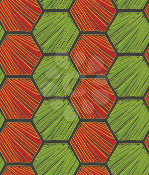 Striped hexagons red green.Hand drawn with ink  seamless background.Creative hand made brushed design.Hand sketched geometric reaping design for fashion textile fabric.