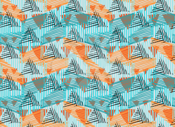Striped triangles blue orange black.Hand drawn with ink seamless background.Creative handmade repainting design for fabric or textile.Geometric pattern with triangles.Vintage retro colors