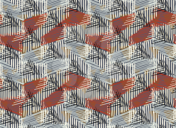 Striped triangles on gray with black.Hand drawn with ink seamless background.Creative handmade repainting design for fabric or textile.Geometric pattern with triangles.Vintage retro colors