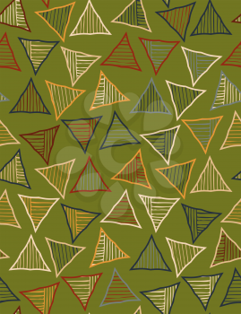 Striped triangles on green.Hand drawn with ink seamless background.Creative handmade repainting design for fabric or textile.Geometric pattern with triangles.Vintage retro colors
