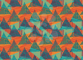 Striped triangles orange blue overlay.Hand drawn with ink seamless background.Creative handmade repainting design for fabric or textile.Geometric pattern with triangles.Vintage retro colors