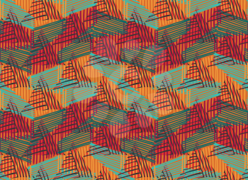 Striped triangles orange green overlay.Hand drawn with ink seamless background.Creative handmade repainting design for fabric or textile.Geometric pattern with triangles.Vintage retro colors