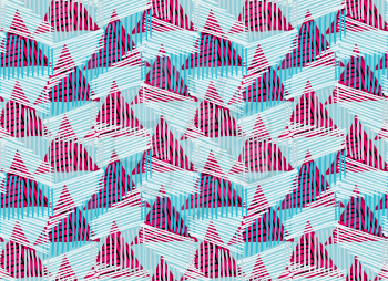 Striped triangles red blue overlay.Hand drawn with ink seamless background.Creative handmade repainting design for fabric or textile.Geometric pattern with triangles.Vintage retro colors