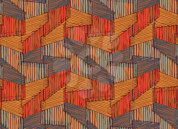 Striped triangular shapes red orange.Hand drawn with ink and marker seamless background.Creative handmade repainting design for fabric or textile.Geometric pattern with triangles.Vintage retro colors
