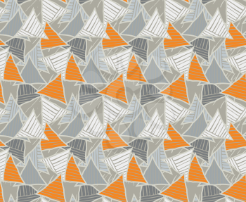 Triangles gray and orange striped.Hand drawn with ink seamless background.Creative handmade repainting design for fabric or textile.Geometric pattern with triangles.Vintage retro colors